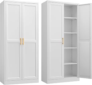 SteeLoong Kitchen Pantry Cabinet,71”White Metal Pantry Storage Cabinet with Doors and 4 Ad