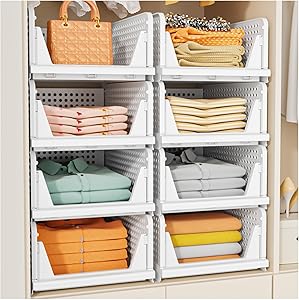 SNSLXH 5 Pack Stackable Closet Storage Basket, Multifunctional & Foldable Closet Organ