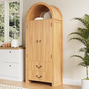 FURSUN 71" Arched Storage Cabinet with Fluted Doors, Tall Wood Pantry Cabinet with Dr