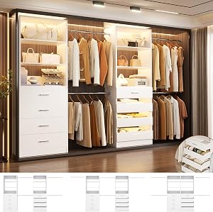 Aheaplus Closet System, 6-15Ft Closet Organizer with 8 Wooden Drawers, Wood Closet Organiz