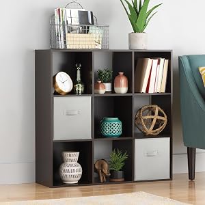 Whitmor 9 Cube Storage Organizer, 3 Tier Stackable MDF Wood Bookcase, Open Storage Display
