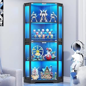 BROTTAR Corner Display Cabinet with Glass Doors, 65" Lighted Curio Cabinet with 3 Col