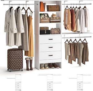 8FT Closet System, 96'' Closet Organizer System with 3 Hanging Rods, Wall Mount Bedroom Wa