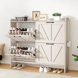 EAZEHAOD Shoe Storage Cabinet with 4 Flip Drawers, Freestanding Shoe Cabinet with Wooden L