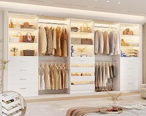 Aheaplus Closet System with 12 Drawers, 8.5-11.5Ft Wood Closet Organizer System with 4 Han