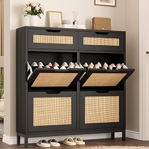 Jocoevol Rattan Shoe Cabinet for Entryway, Boho Shoe Storage Cabinet with 4 Flip Drawers a
