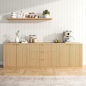 Farmhouse Buffet Cabinet with Storage, 94.5" Fluted Sideboard Cabinet with 3 Drawers 